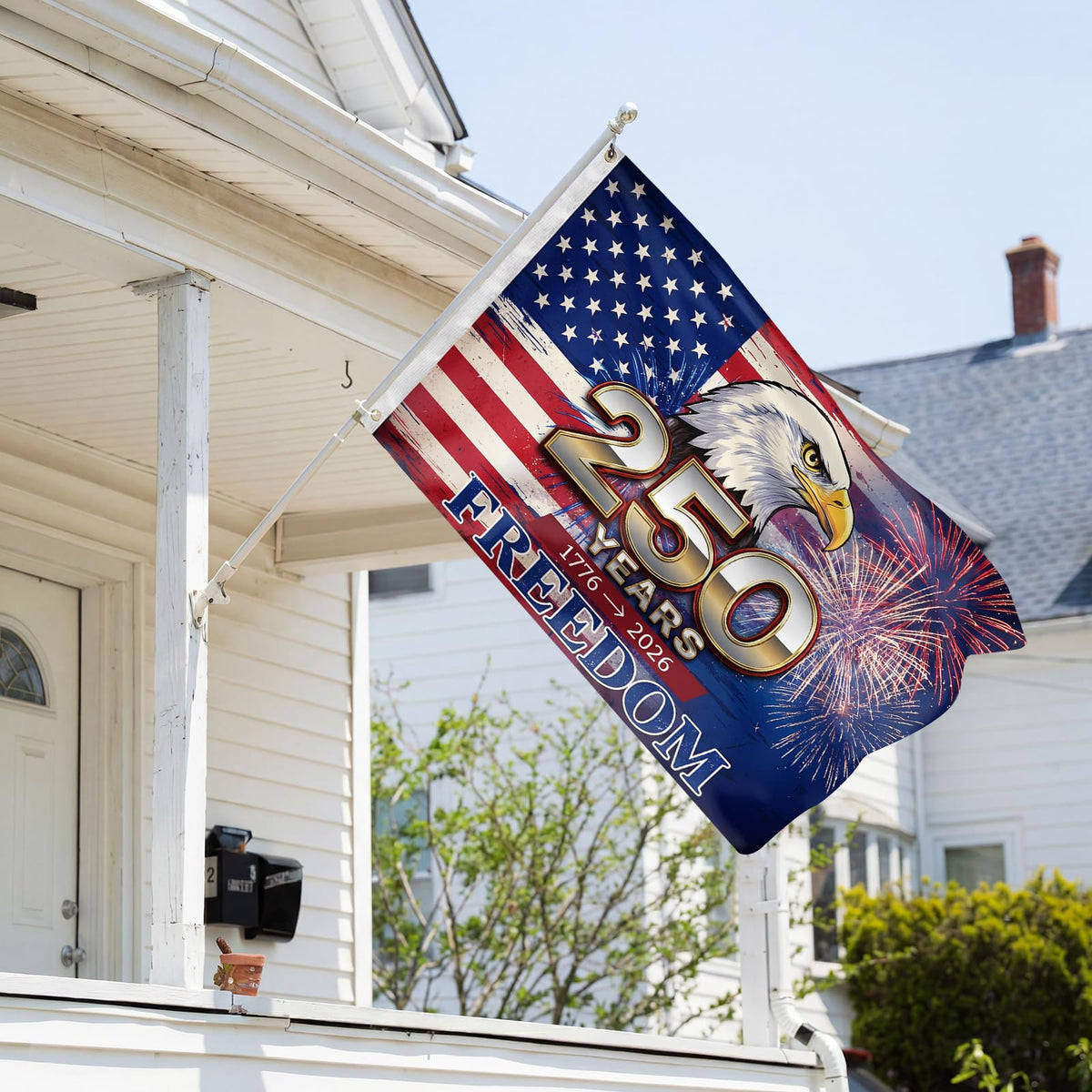 Generic flag close-up shows stitching and brass grommets for outdoor durability.