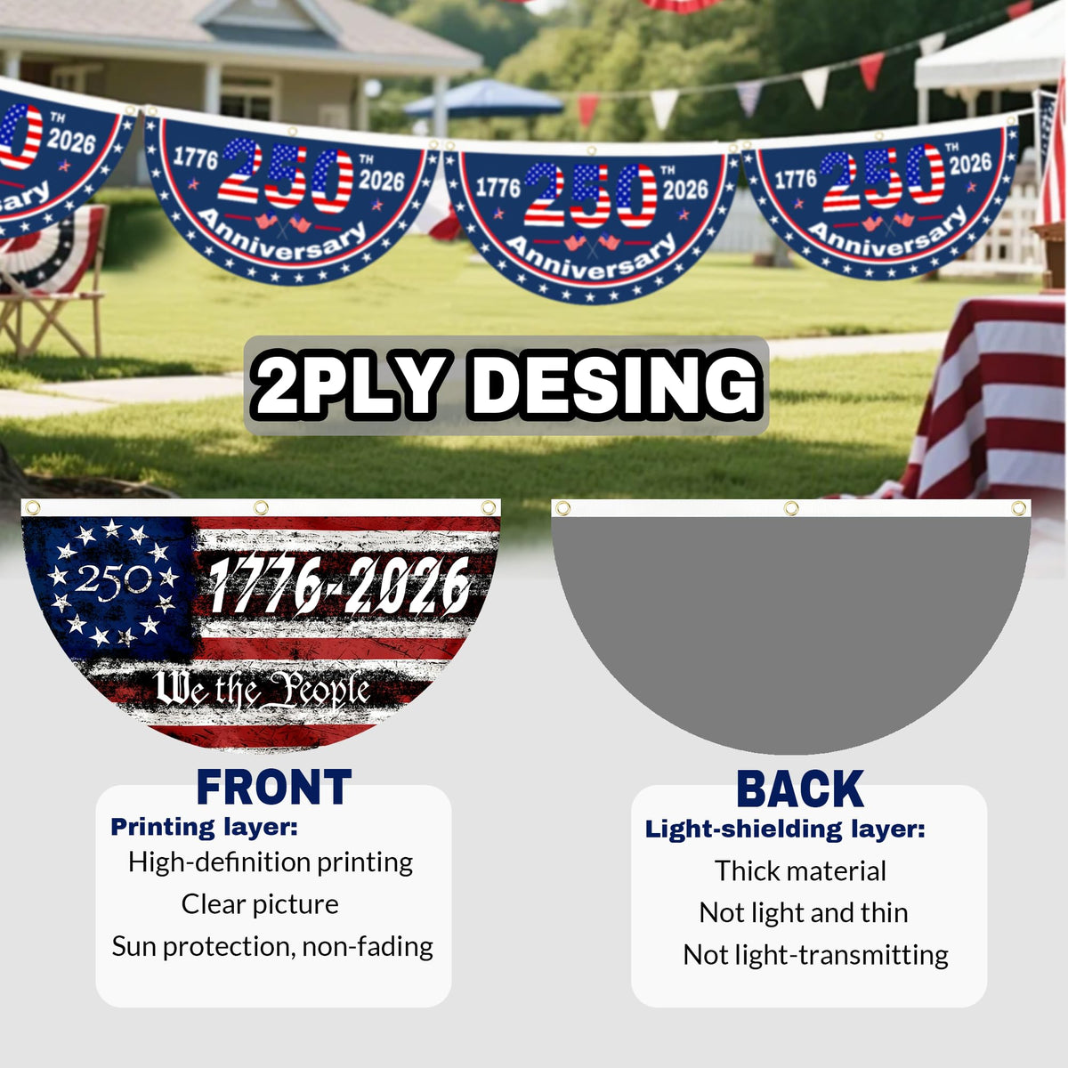Generic 250th Anniversary flag wall hanging with bold 1776 2026 design for celebration