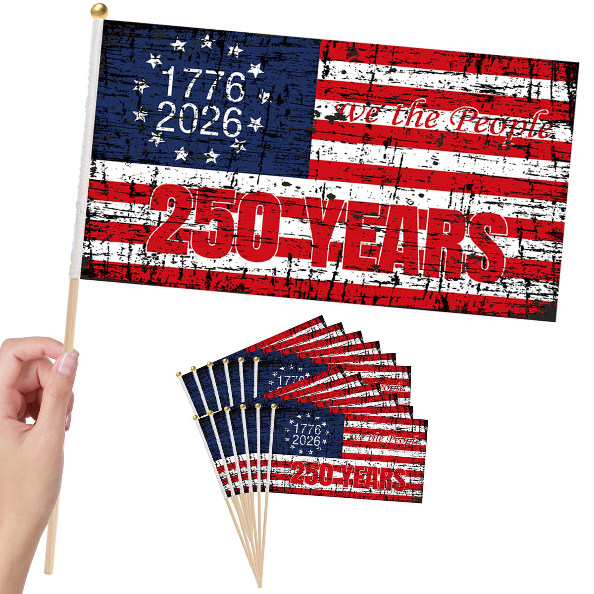 Generic 250th anniversary stick flag for outdoor display and celebration.