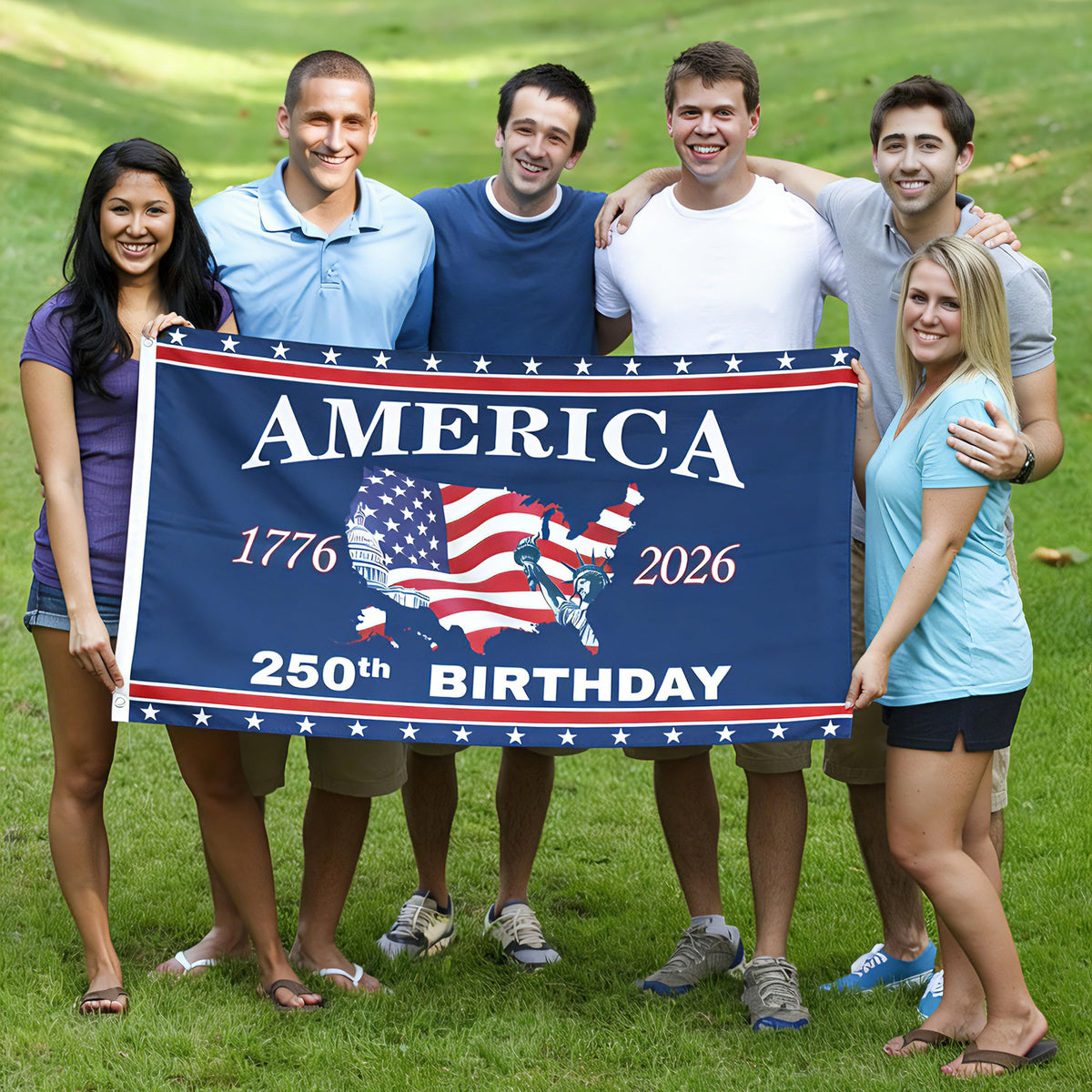 Generic flag shows 3-layer polyester and reinforced stitching detail for durability