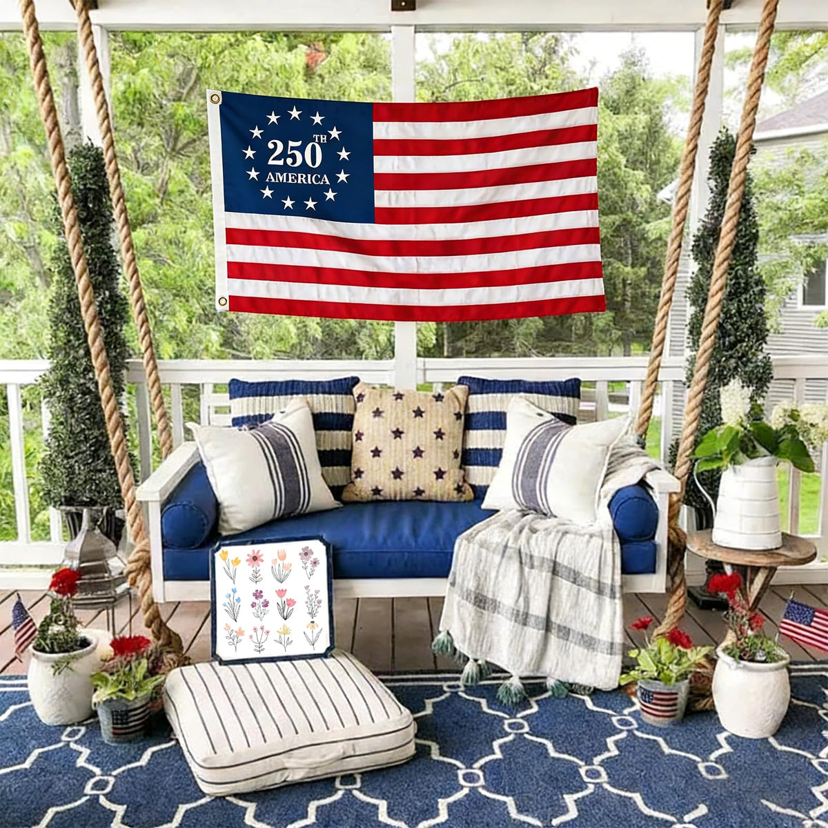 Generic 3-ply 250th anniversary flag back view demonstrates mirrored design for visibility from either side.