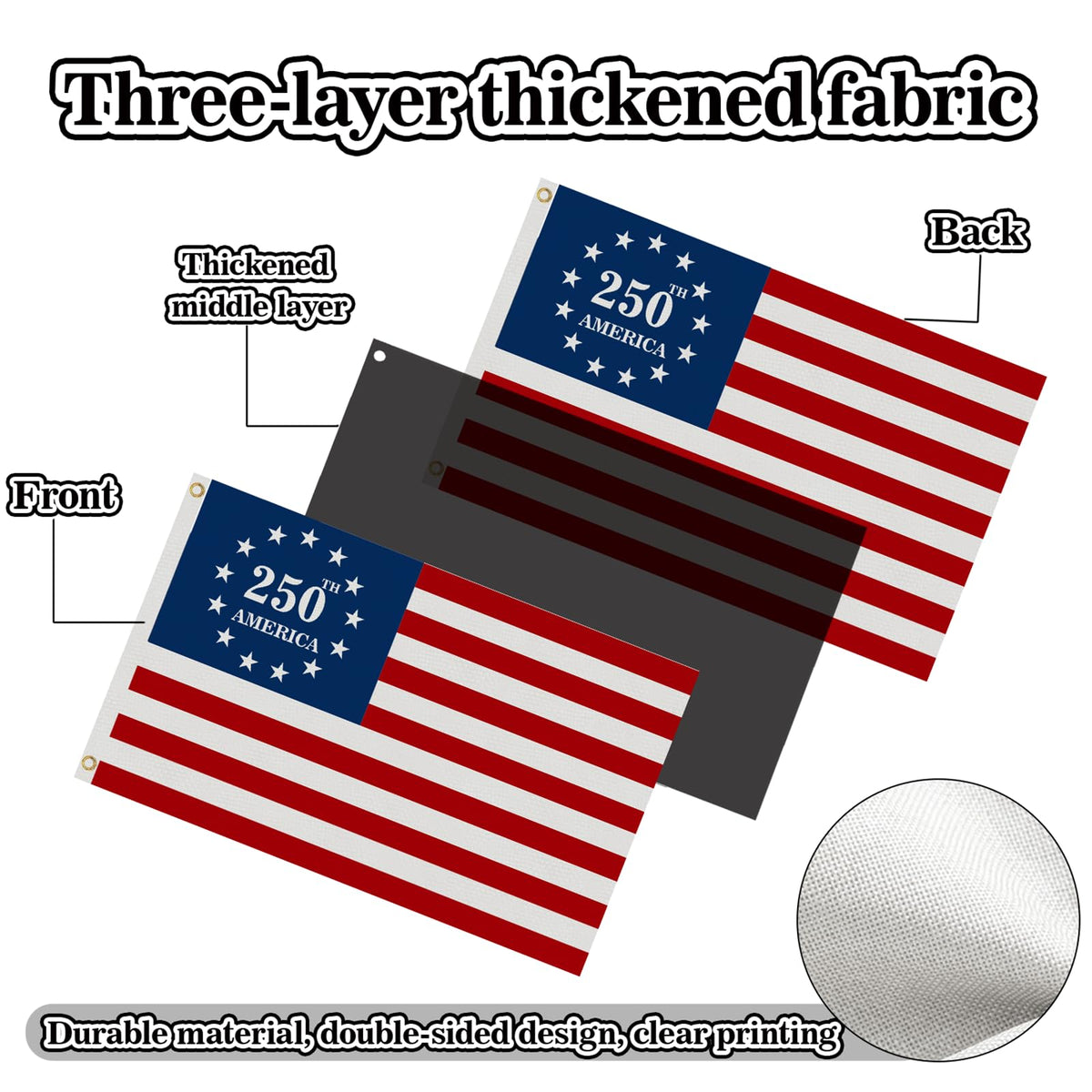 Generic 3-ply 250th anniversary flag indoor display ideal for commemorations and events.