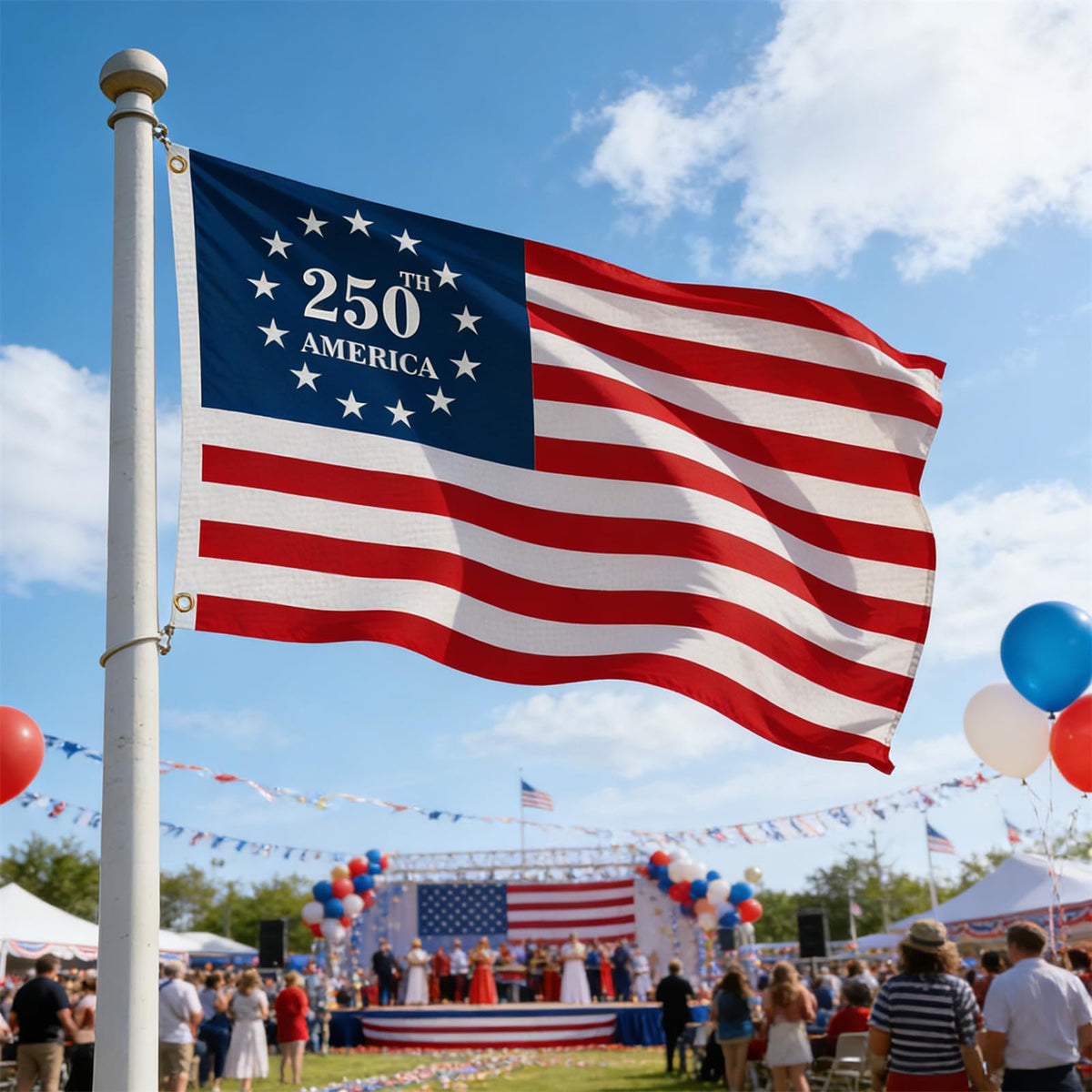 Generic 3-ply 250th anniversary flag outdoor-ready for year-round use.