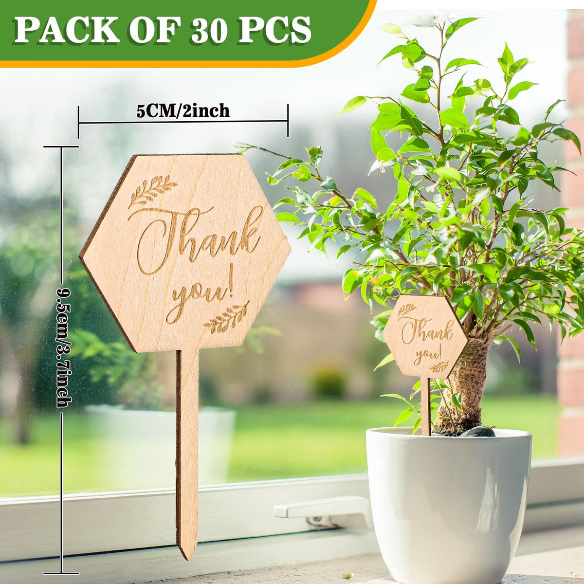 Generic laser-engraved Thank You hexagon label with branch motif for elegant garden labeling