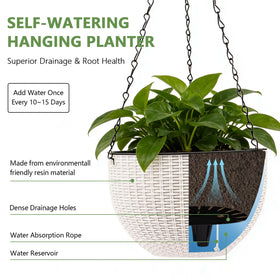 Generic self-watering pot with hanging chains shows easy outdoor versatility.