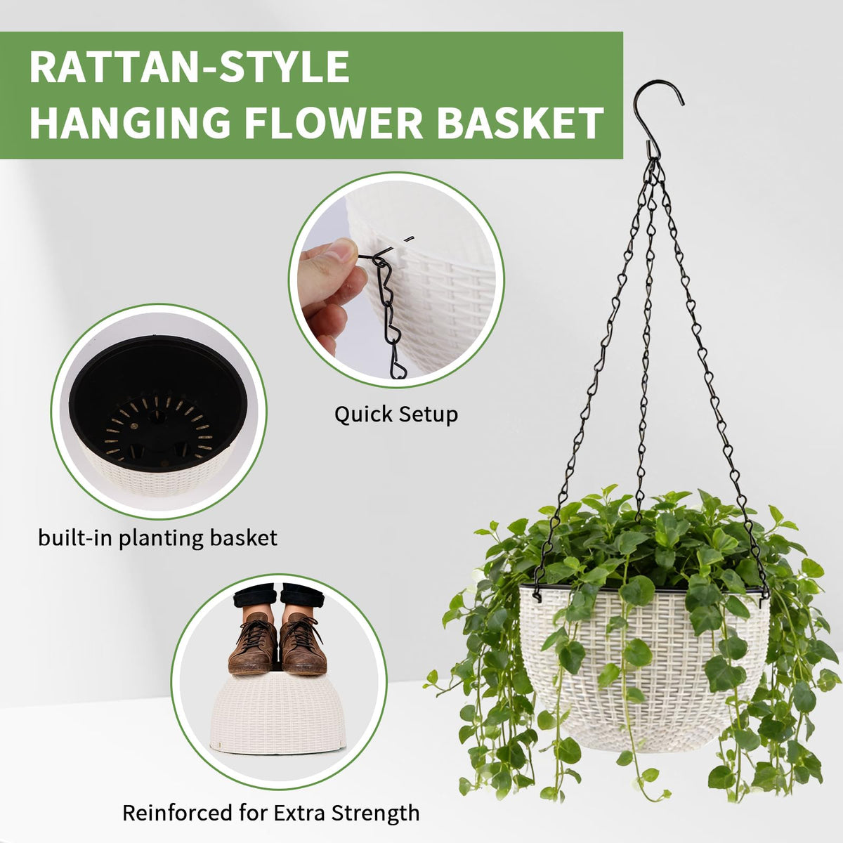 Generic white hanging planter with hook and tools supports convenient gardening.