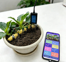 Generic 8 in 1 soil tester digital readout in close-up view.