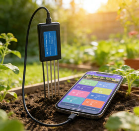 Generic 8 in 1 soil tester in garden use demonstrates portable handheld testing.