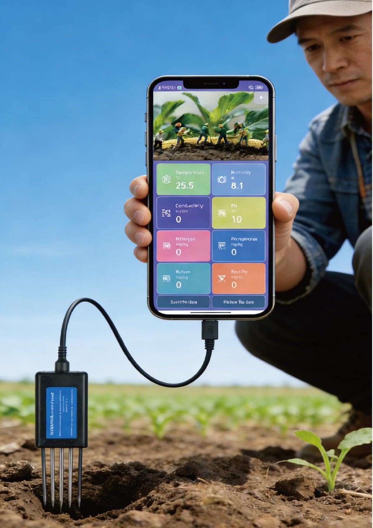 Generic 8 in 1 soil tester npk ph moisture ec display for quick garden decisions.