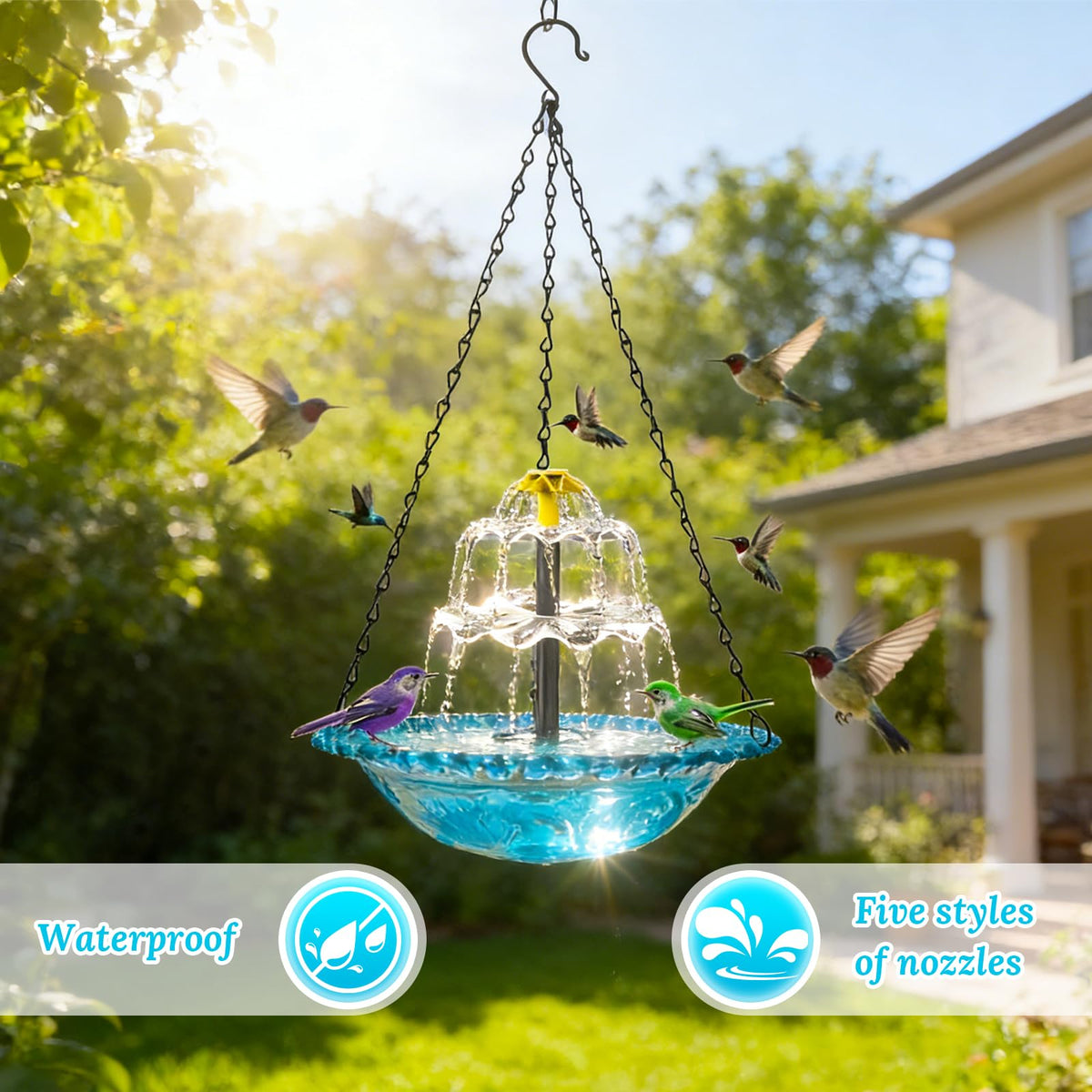 Generic bird bath garden decor in blue enhances patios and lawns