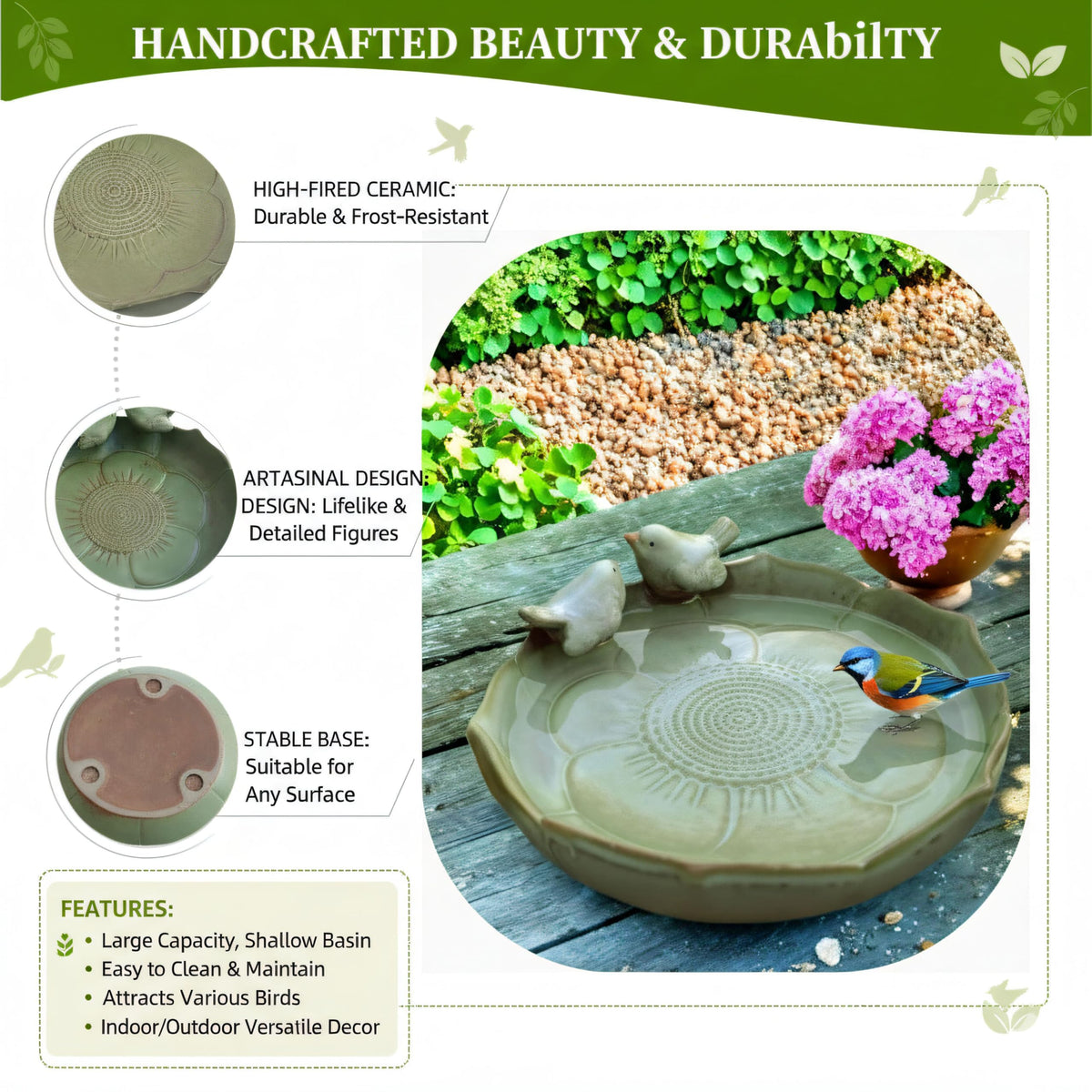 Generic bird bath in garden decor setting blending with greenery