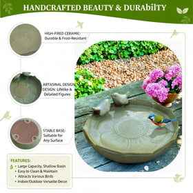 Generic bird bath in garden decor setting blending with greenery