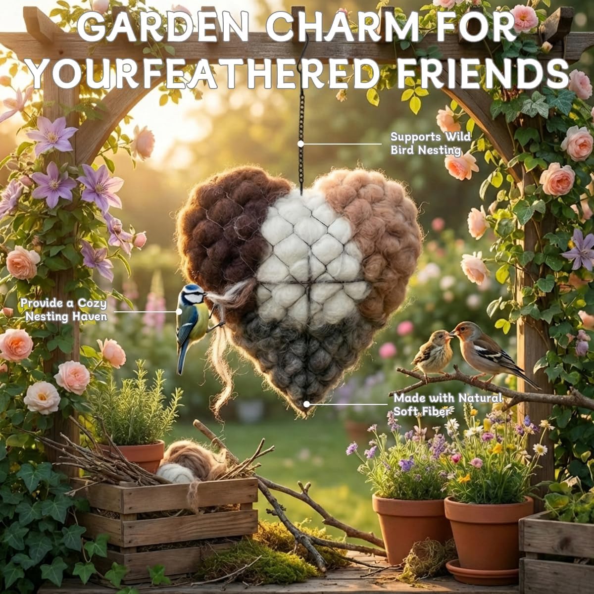 Generic birds enjoying the heart nest in a garden setting