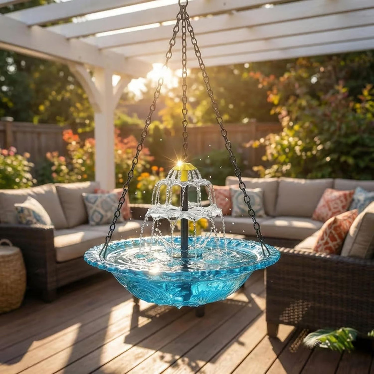 Generic blue bowl cascading water creates a tranquil garden focal point