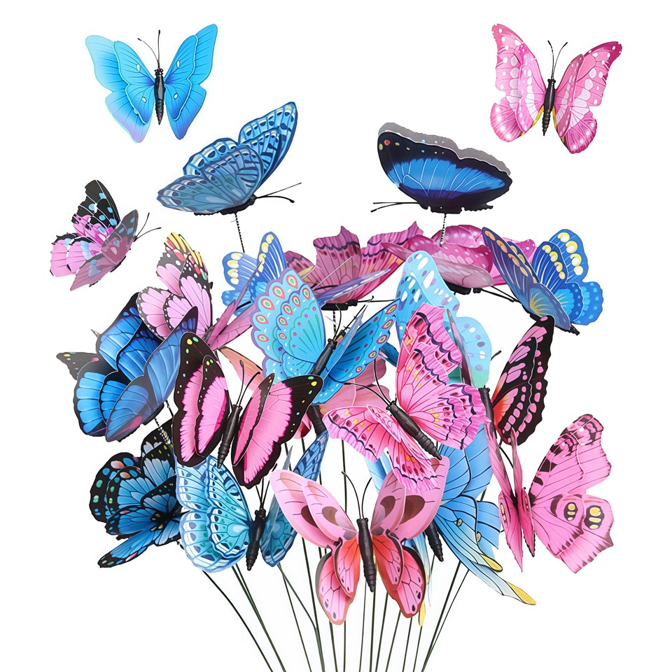 Generic butterfly stakes with double-wings create a vivid garden display.