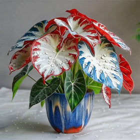 Generic Caladium seeds mix pack hanging-basket display idea for bright indoor-outdoor corners