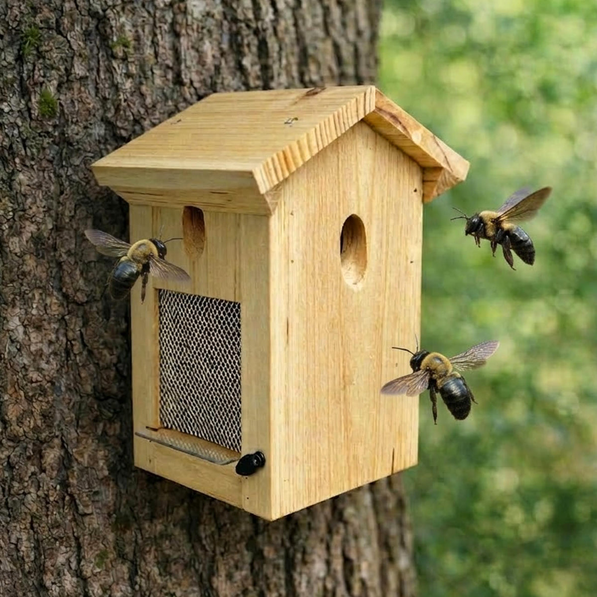 Generic Carpenter Bee Trap untreated-pine material highlights natural attraction.