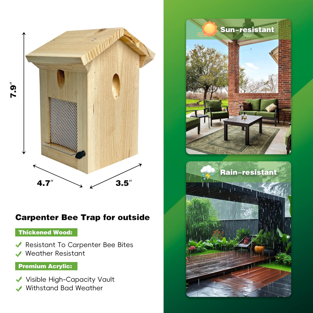Generic Carpenter Bee Trap wood-entry view attracts bees away from wooden surfaces.