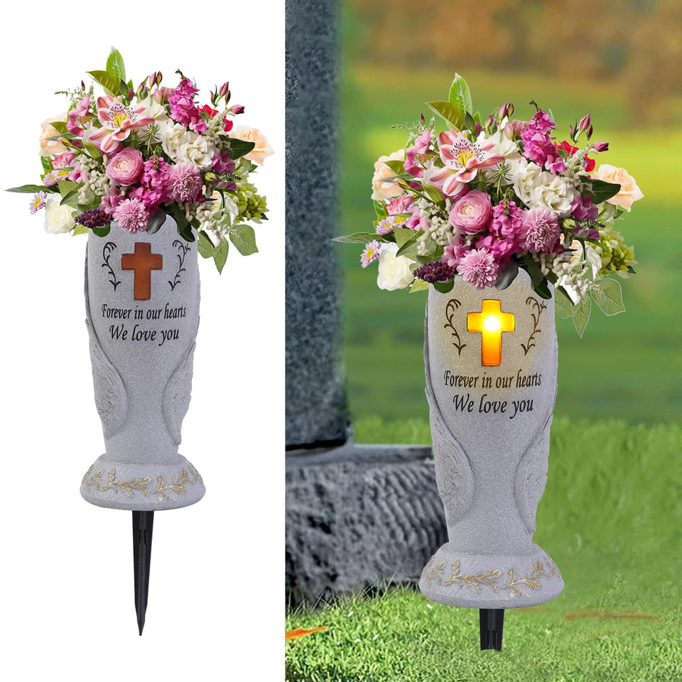 Generic cemetery vase with angel wings and cross solar light for grave visibility