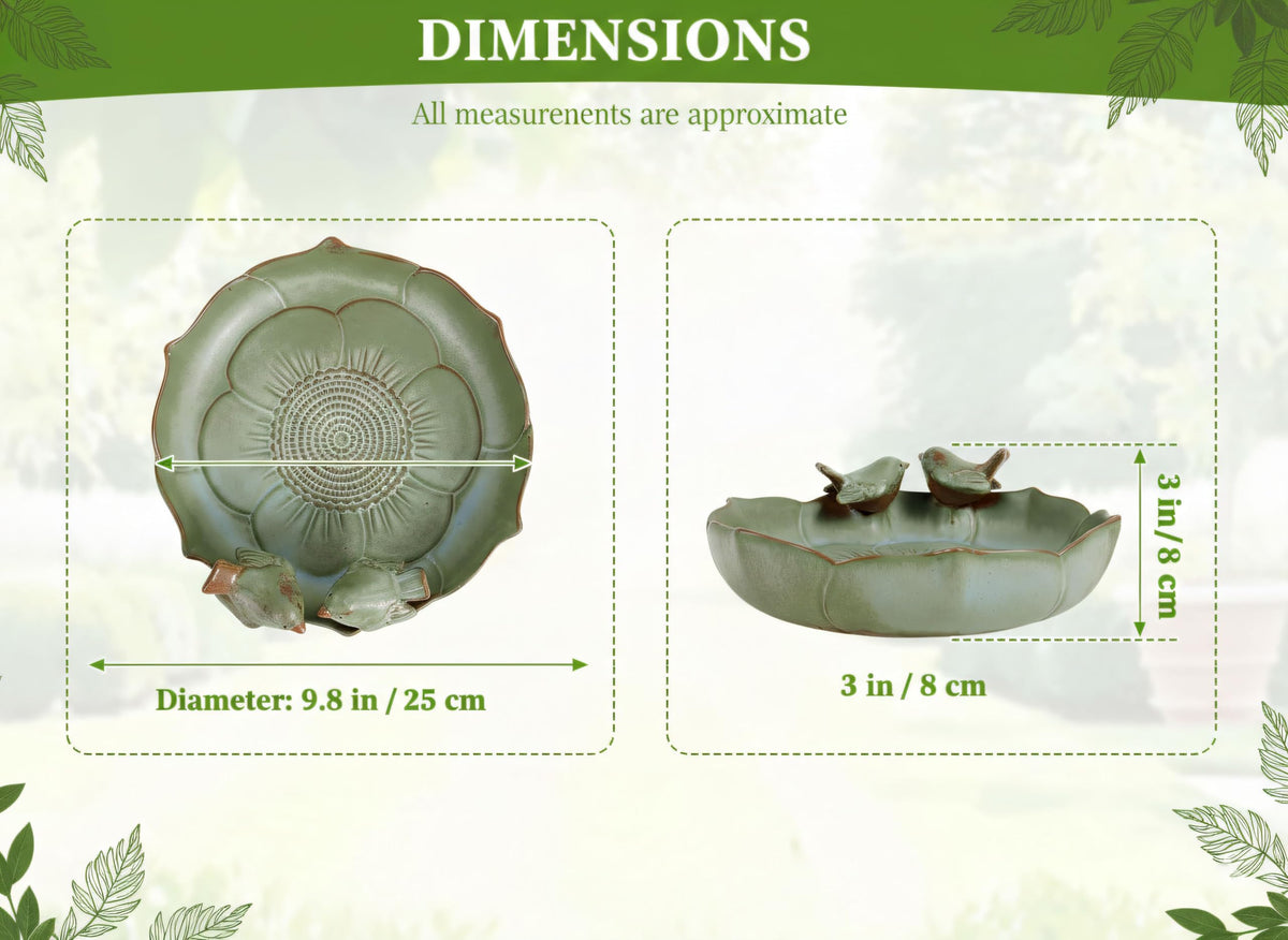 Generic ceramic bird bath glaze closeup showing weather-resistant finish outdoors