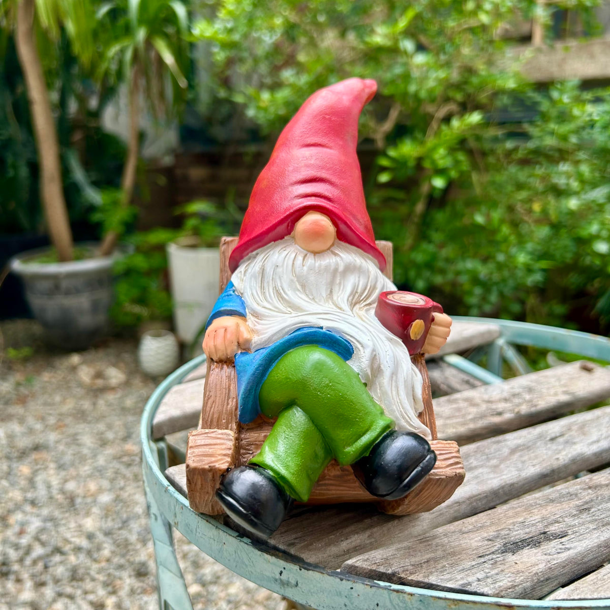 Generic coffee-themed gnome brightens lawn with playful character.