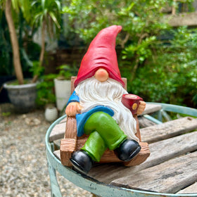 Generic coffee-themed gnome brightens lawn with playful character.