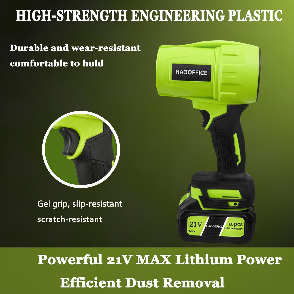 Generic cordless leaf blower cleans dust from benches and keyboards
