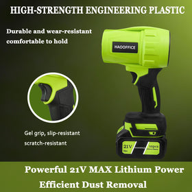 Generic cordless leaf blower cleans dust from benches and keyboards