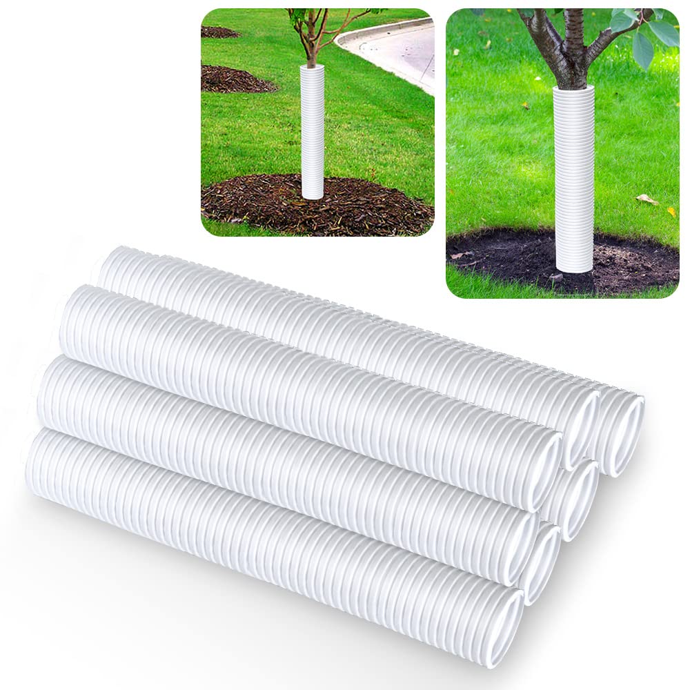 Generic corrugated tree trunk protector sleeve wraps a sapling to shield bark from lawn equipment.