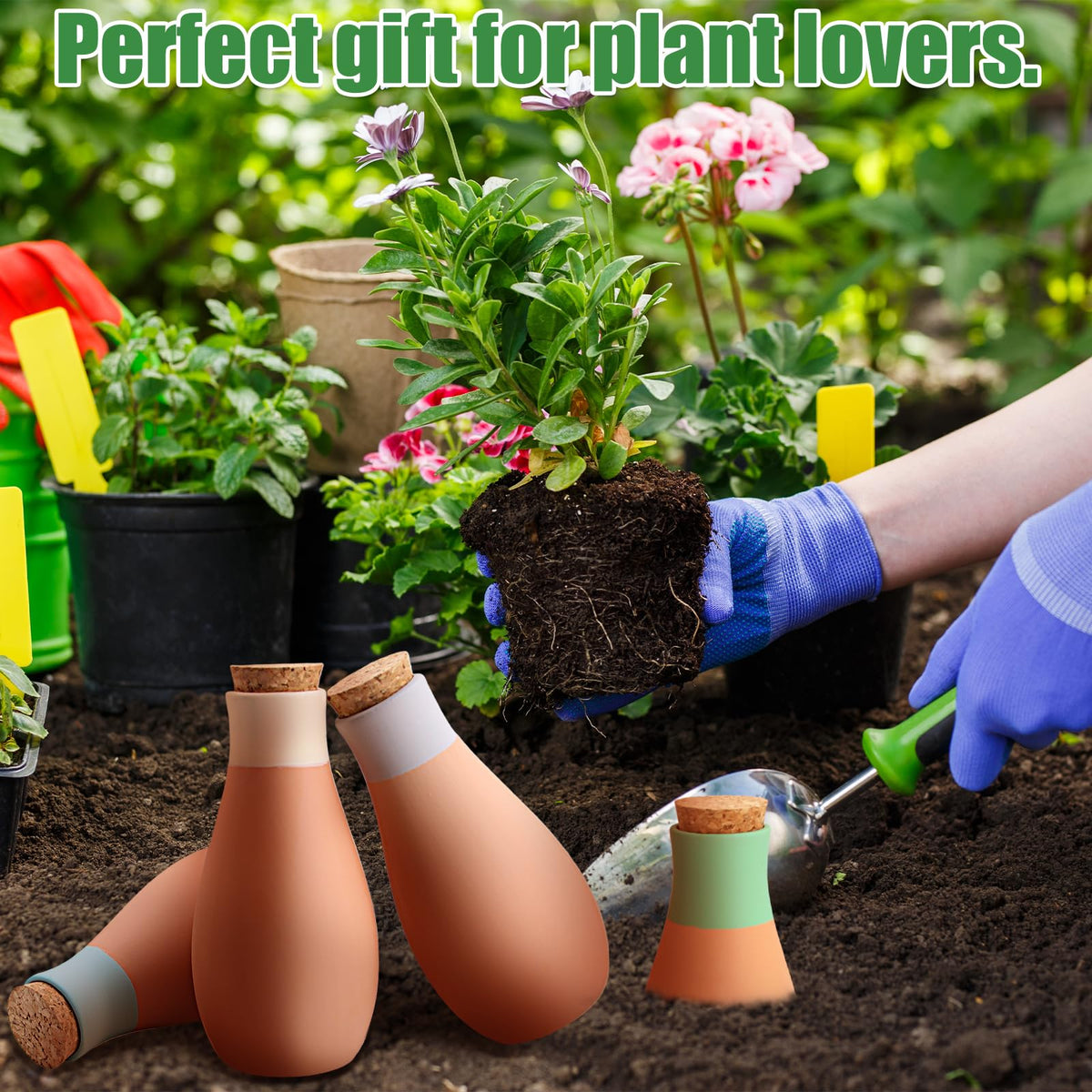 Generic easy-fill self-watering globes inserted into soil without removal.