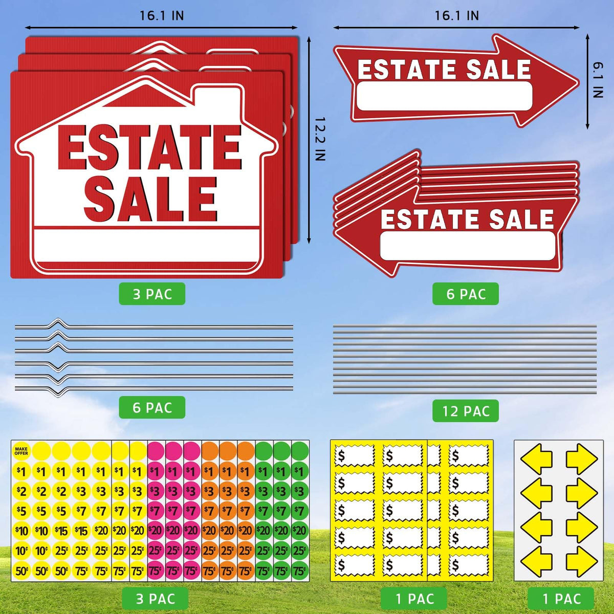 Generic estate sale arrows yard sign with stakes guides shoppers efficiently.