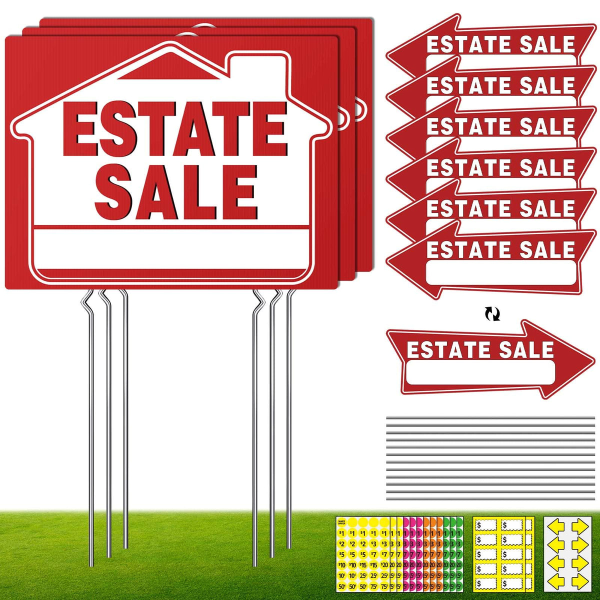 Generic estate sale signs, large double-sided with stakes for outdoor visibility.