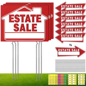 Generic estate sale signs, large double-sided with stakes for outdoor visibility.