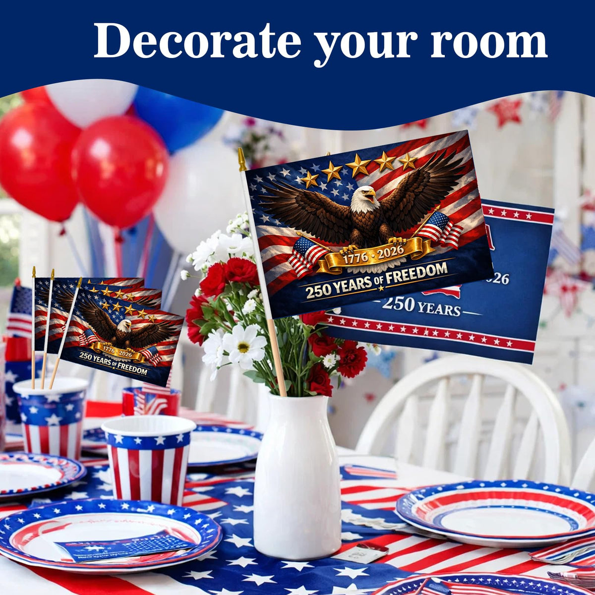 Generic five-point-five-by-eight-point-three-inch USA flags for easy handling.