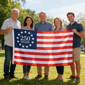 Generic flag displayed in garden boosts curb appeal.