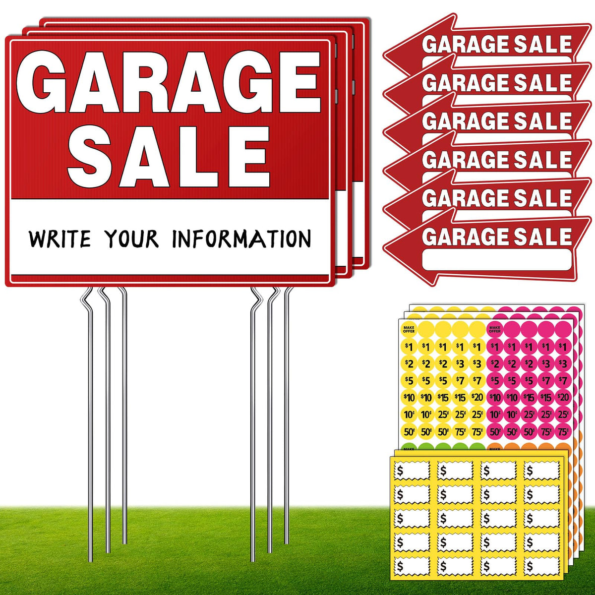 Generic large double-sided garage sale sign with stake for outdoors