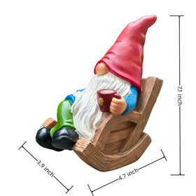 Generic garden gnome on patio with coffee cup enhances décor.