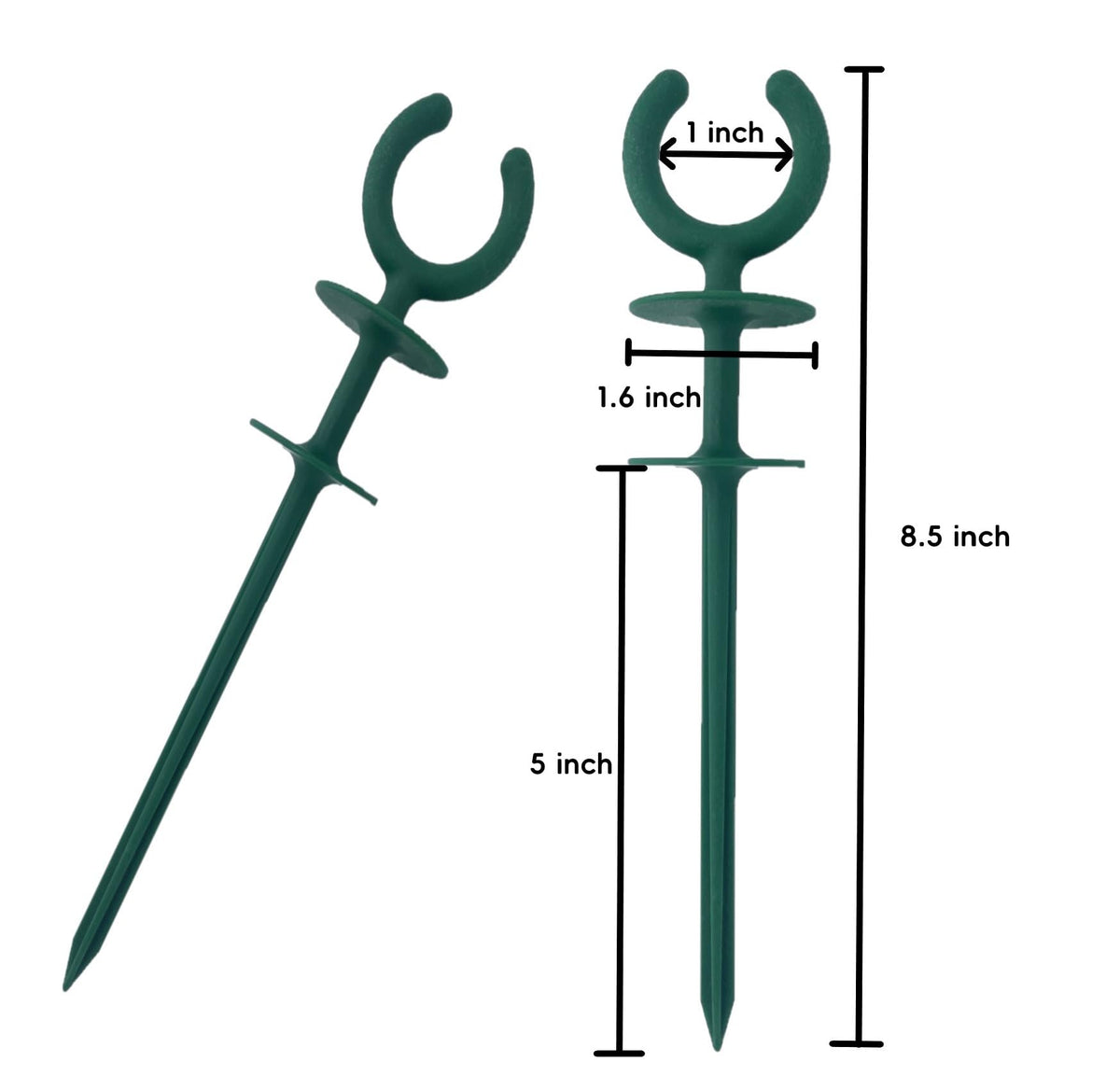 Generic garden hose guide holder green, side view, prevents kinks and plant damage.