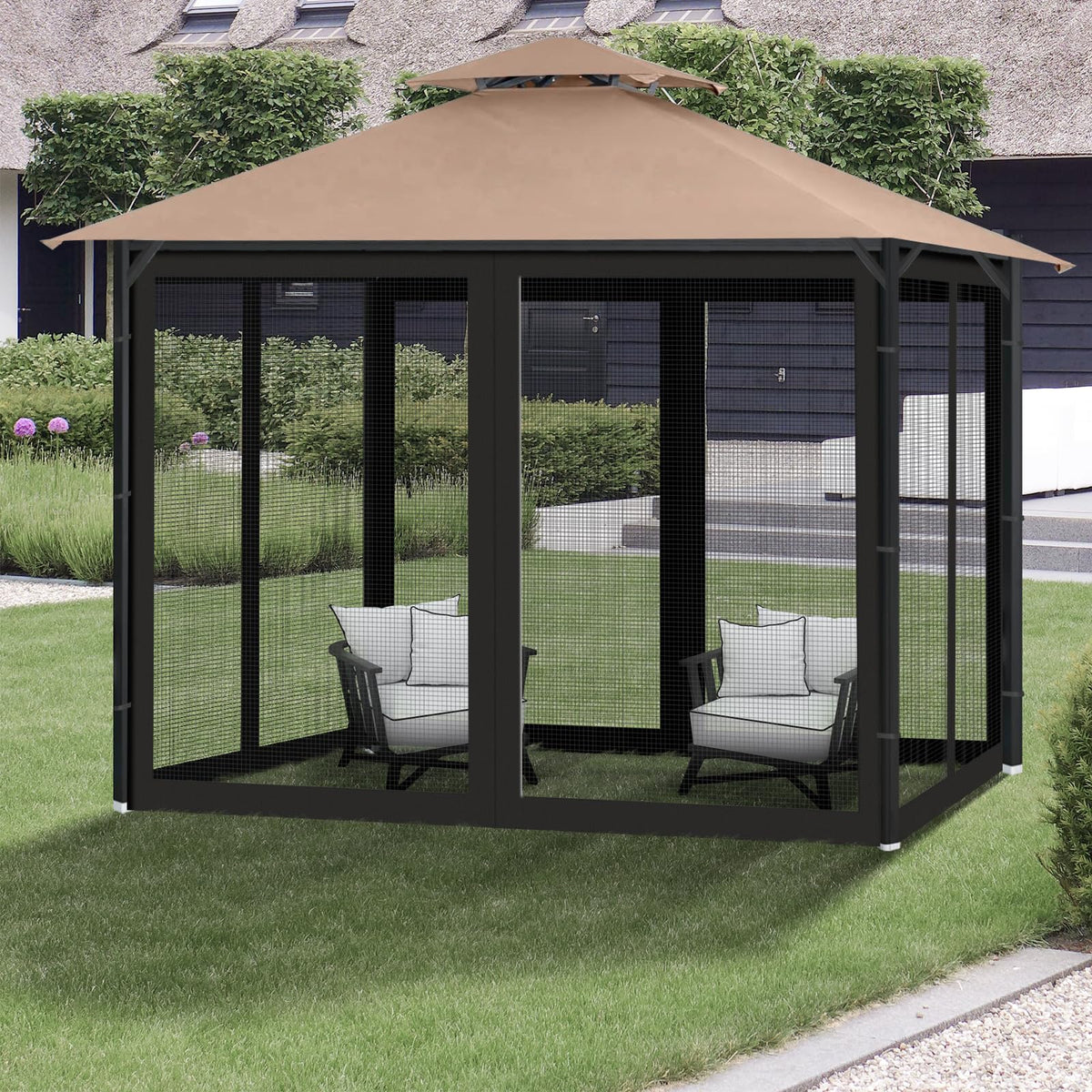 Generic Gazebo netting middle zipper closeup highlights convenient dual-entry access