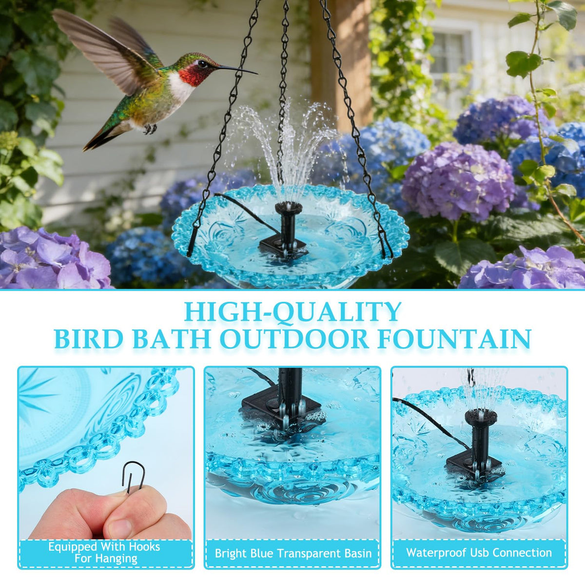 Generic Hanging Bird Bath Fountain bright blue basin attracts birds with vivid water color