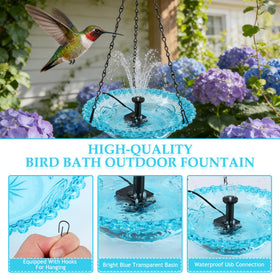 Generic Hanging Bird Bath Fountain bright blue basin attracts birds with vivid water color