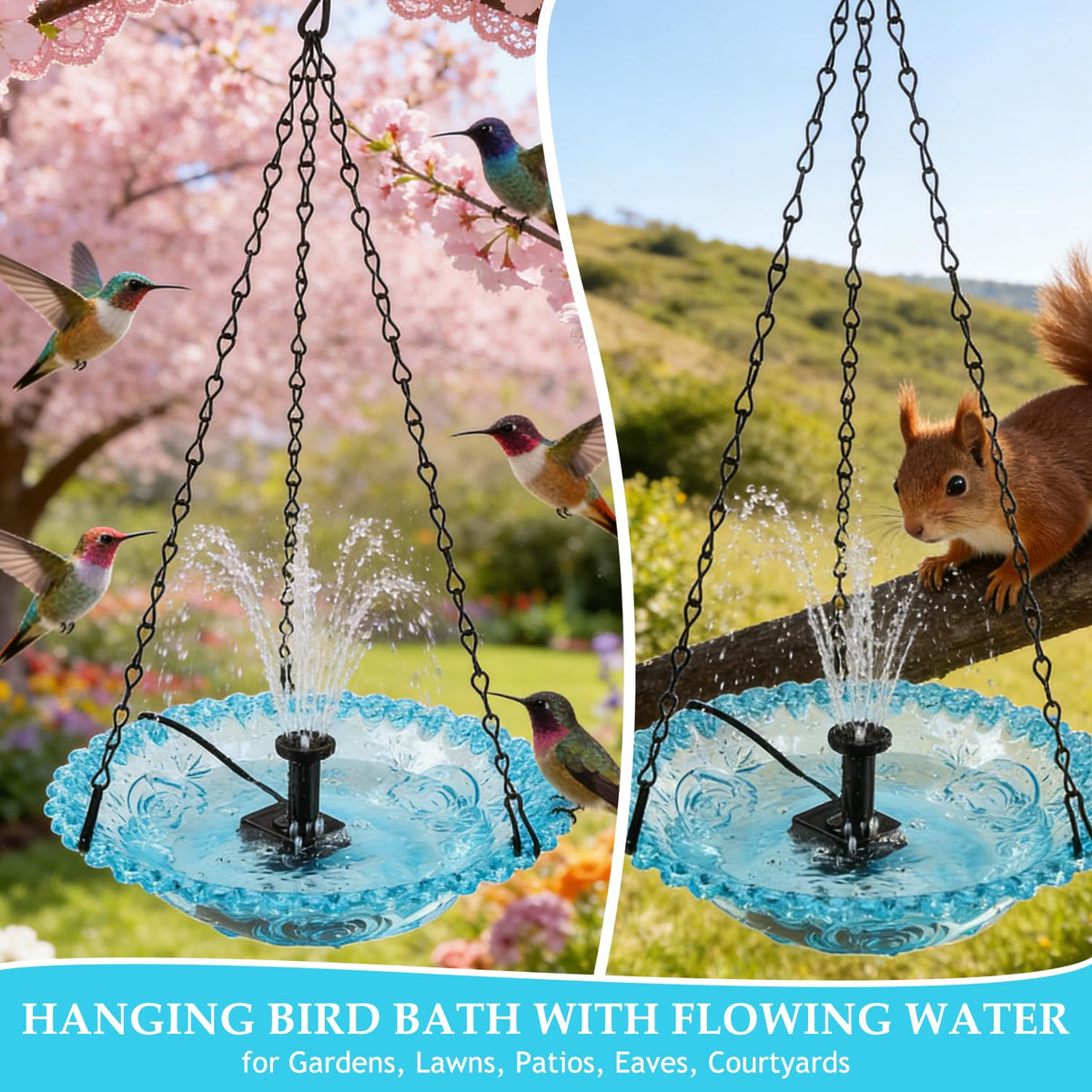 Generic Hanging Bird Bath Fountain three-point hanging system ensures stable installation