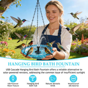 Generic Hanging Bird Bath Fountain USB connection enables reliable operation in cloudy weather