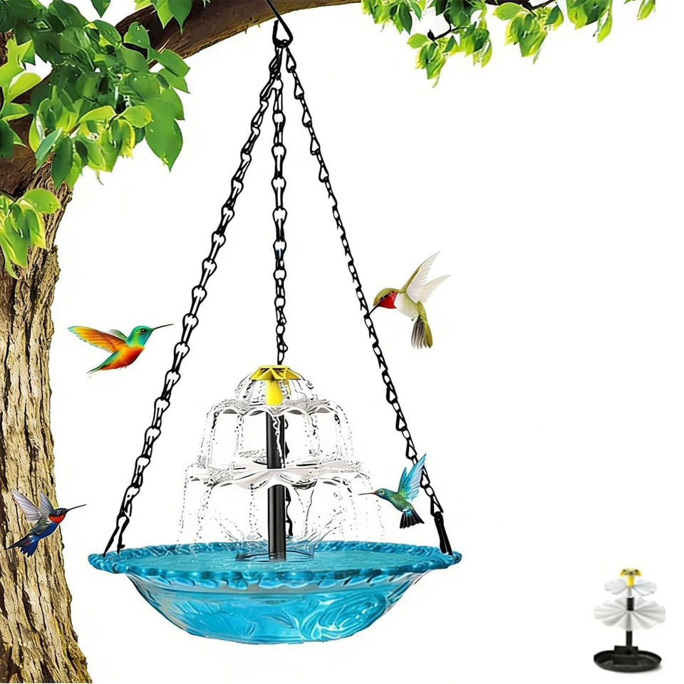 Generic hanging solar bird bath fountain with blue bowl and cascading water attracts birds