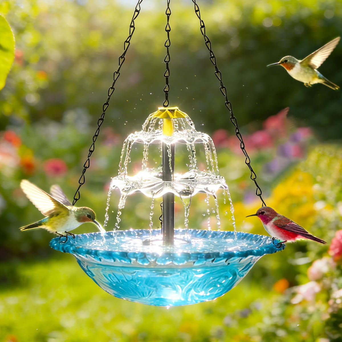 Generic hanging solar bird bath fountain in blue boosts backyard wildlife with sunlight-powered water flow
