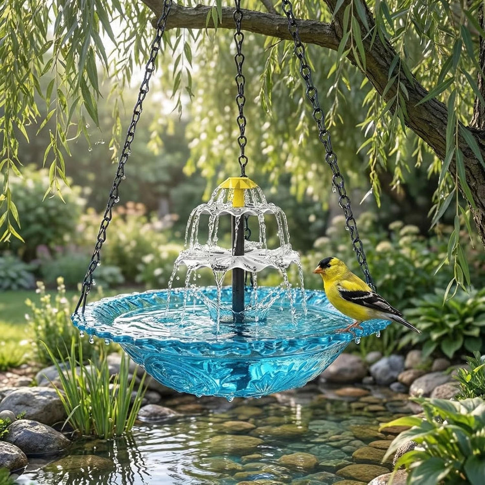 Generic hanging solar bird bath fountain with blue bowl attracts birds in daylight