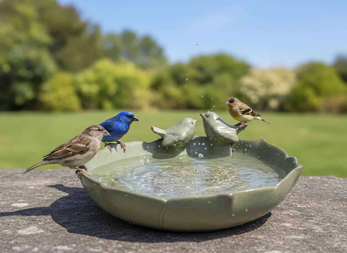 Generic large ceramic bird bath on ground with smooth glaze for birds to drink