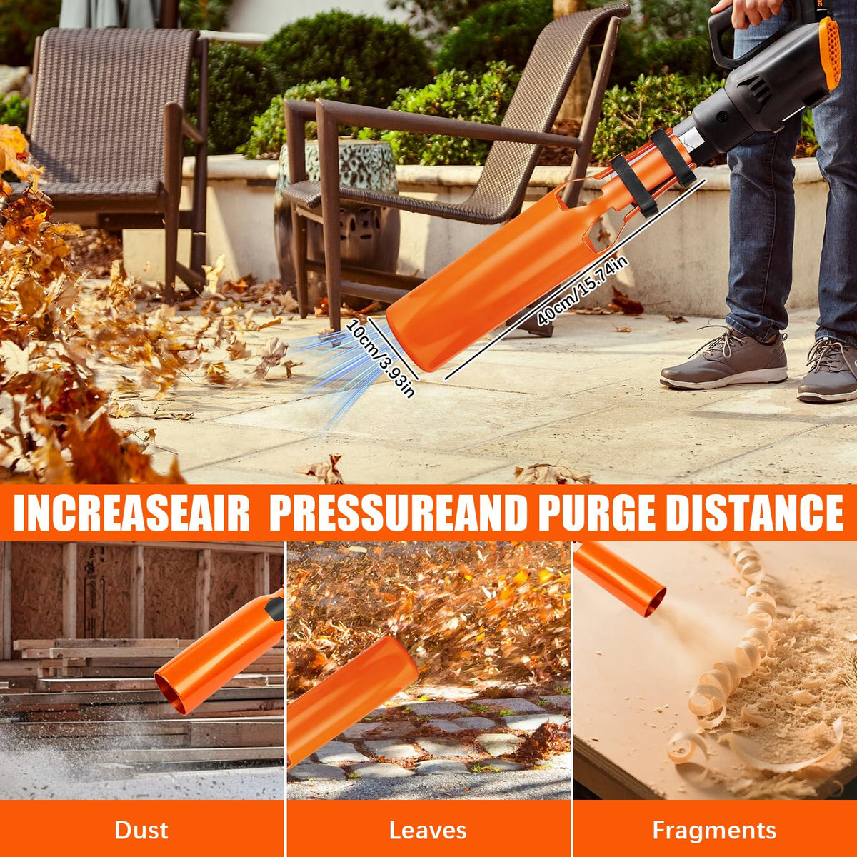 Generic Leaf Blower Air Booster in use with a 2-4in nozzle boosts performance.