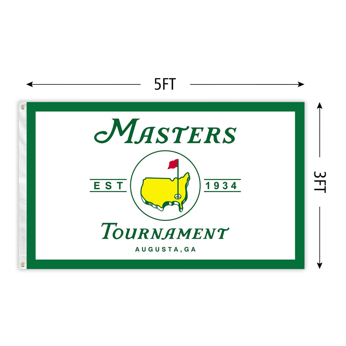 Generic Masters Flag Golf banner showing two brass grommets for secure hanging.