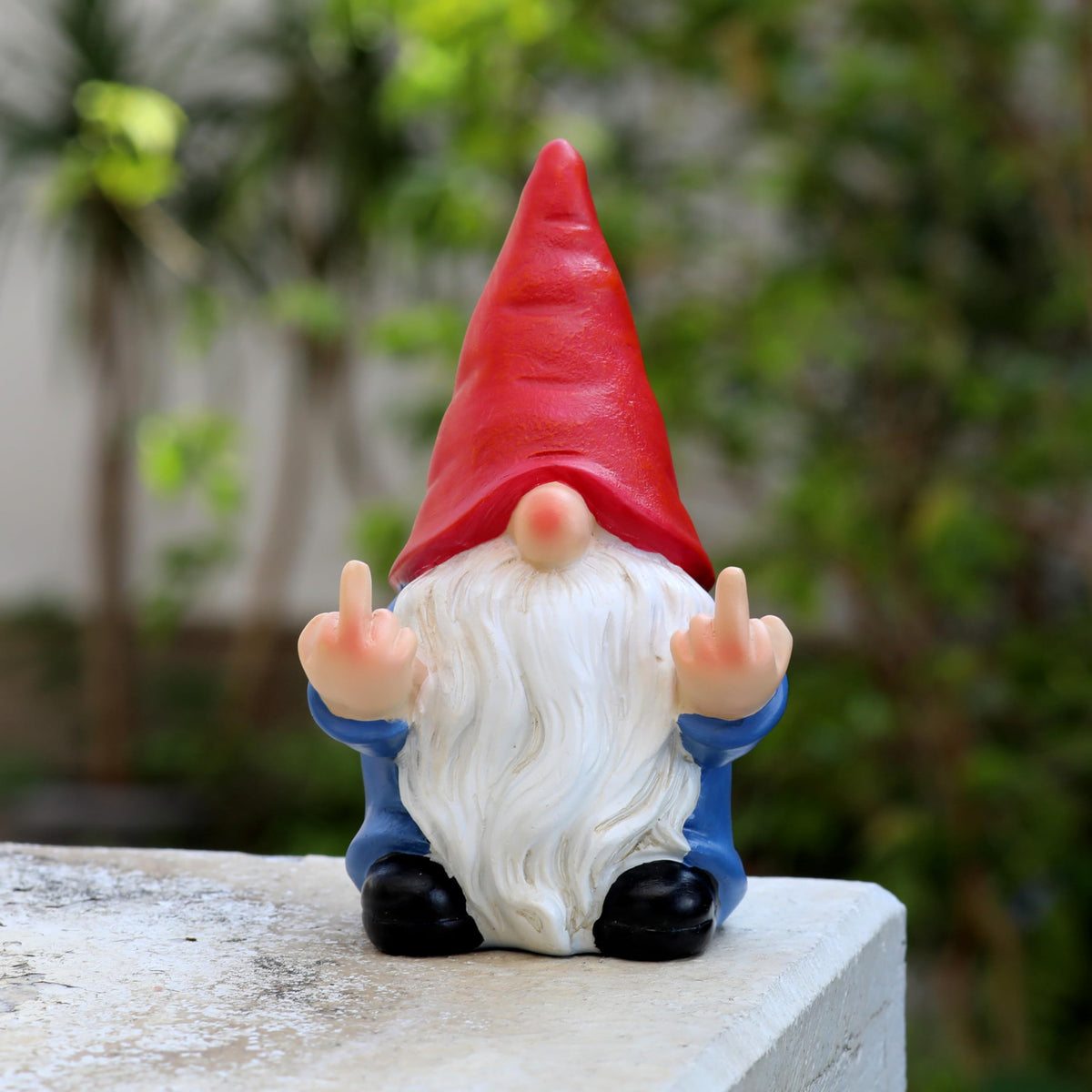 Generic Middle Finger Gnome Mini 5-1in front view, ideal for eye-catching outdoor humor.